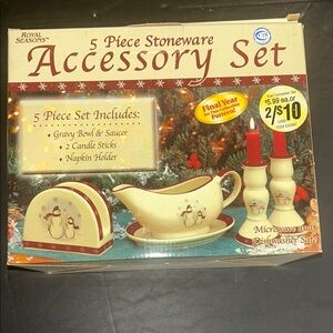 Royal Seasons 5 Piece Stoneware Accessory Set Gravy Bowl Candle Sticks